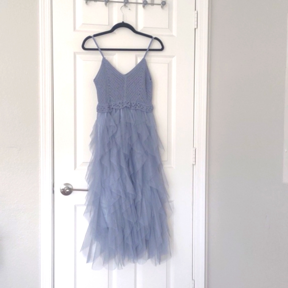 Fairy crochet balletcore ruffle/tulle/tutu flowy blue dress S/M
